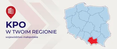 Grafika informacyjna z mapą Polski, na której zaznaczono województwo małopolskie, oraz napisem „KPO w twoim regionie”.