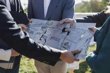 Cztery osoby w eleganckich ubraniach trzymają rozdartą na kawałki architektoniczną wizualizację budynku na zewnątrz, na tle zieleni.