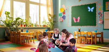 Nauczycielka i grupa przedszkolaków siedzą na kolorowej podłodze w sali zabaw, dzieci trzymają instrumenty muzyczne.