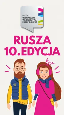 Plakat informacyjny zapowiadający 10. edycję Budżetu Obywatelskiego Województwa Małopolskiego, z ilustracją mężczyzny i kobiety w zimowych ubraniach.