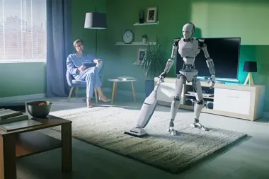 Humanoidalny robot odkurza dywan w salonie, podczas gdy mężczyzna siedzi w fotelu z tabletem.
