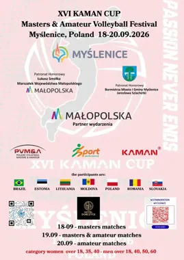 Plakat promujący XVI KAMAN CUP – festiwal siatkówki masters i amatorów, który odbędzie się w Myślenicach w dniach 18–20 września 2026 roku.