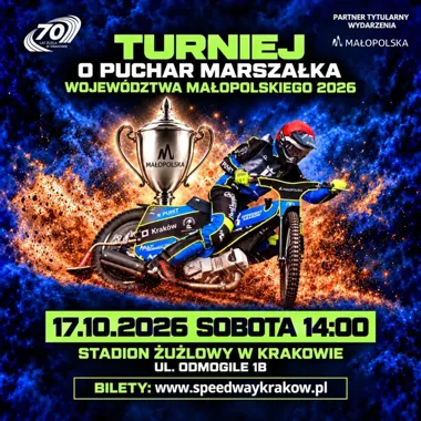 Plakat promujący turniej żużlowy o Puchar Marszałka Województwa Małopolskiego 2026 na Stadionie Żużlowym w Krakowie.