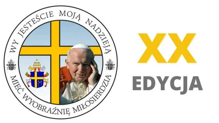 Grafika promocyjna XX edycji wydarzenia z okrągłym logo przedstawiającym papieża Jana Pawła II, krzyż, herb papieski i hasło o nadziei oraz miłosierdziu.