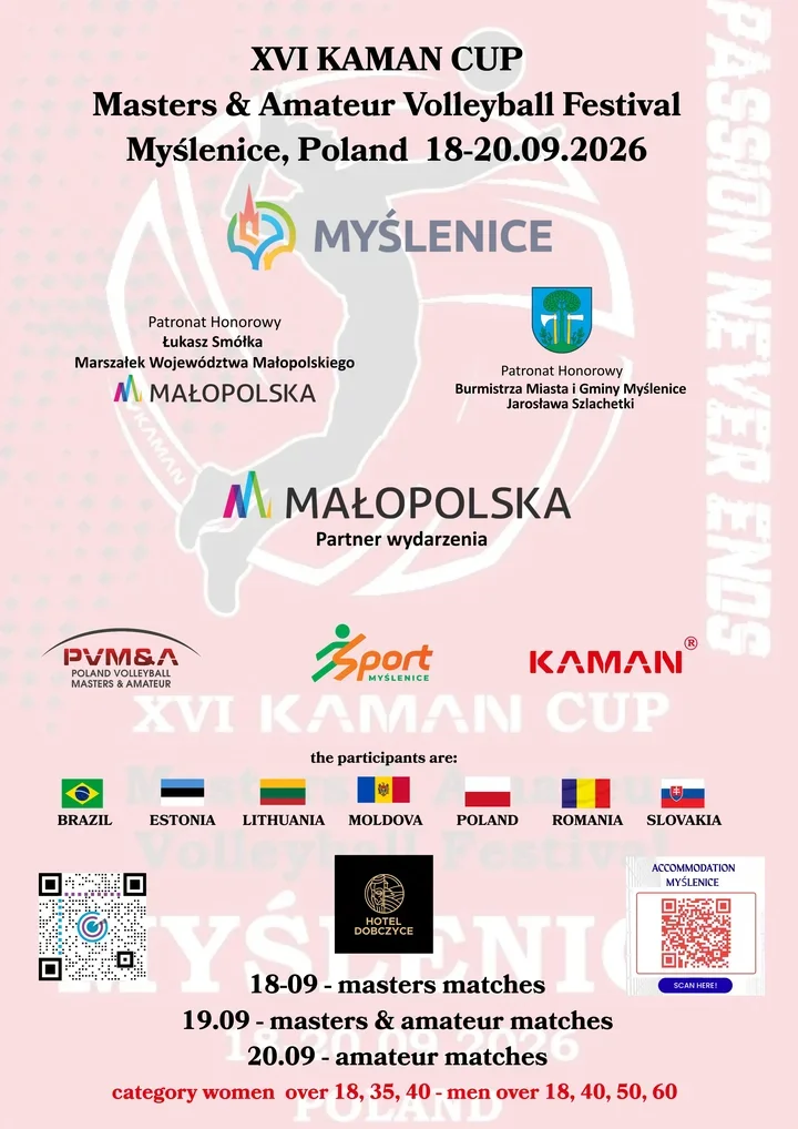 Plakat promujący XVI KAMAN CUP – festiwal siatkówki masters i amatorów, który odbędzie się w Myślenicach w dniach 18–20 września 2026 roku.