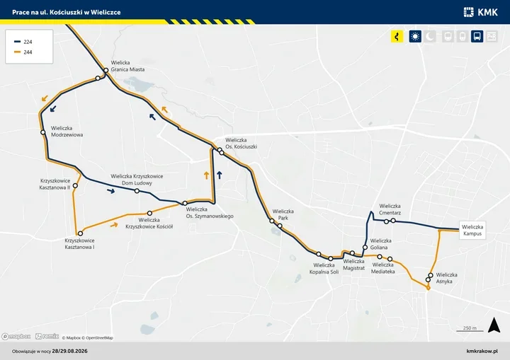 Autobusy 224 i 244 pojadą objazdem. Część przystanków w Wieliczce wypada z trasy
